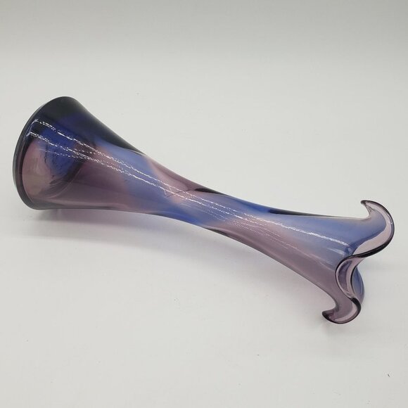 Blue Amethyst Swirl Ruffled Top Art Glass Bud Vase - Picture 5 of 12